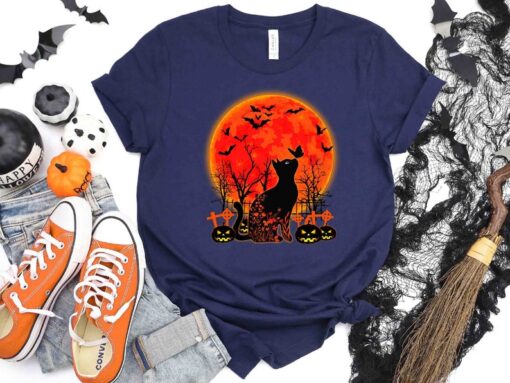 Black Cat Halloween Shirt, Halloween Cat Moon Tee, Black Cats & Pumpkins Shirt, Funny Halloween Shirt