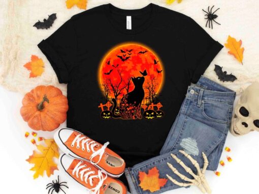 Black Cat Halloween Shirt, Halloween Cat Moon Tee, Black Cats & Pumpkins Shirt, Funny Halloween Shirt