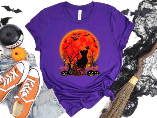 Black Cat Halloween Shirt, Halloween Cat Moon Tee, Black Cats & Pumpkins Shirt, Funny Halloween Shirt