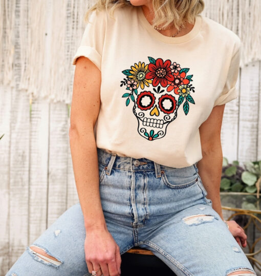 Day of the Dead, Sugar skull shirt, Flower skull shirt