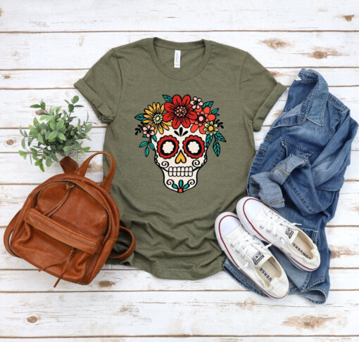 Day of the Dead, Sugar skull shirt, Flower skull shirt