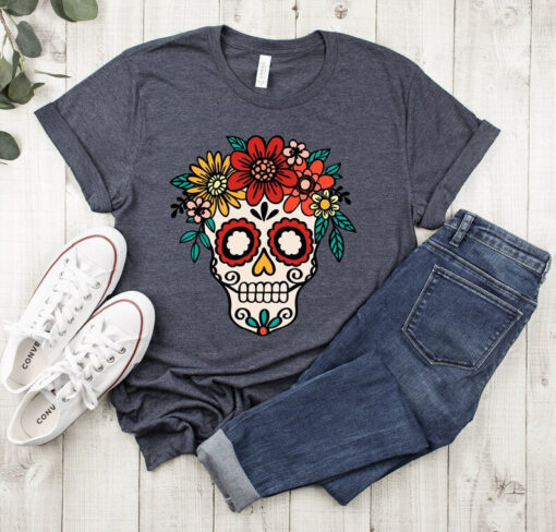 Day of the Dead, Sugar skull shirt, Flower skull shirt