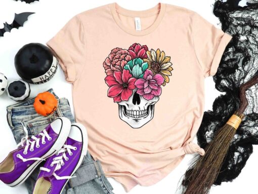 Floral Skull Shirt, Halloween Skull Shirt, Halloween Floral shirt, Fall shirt, Halloween Shirt for Woman Fall Shirt, Halloween Shirt