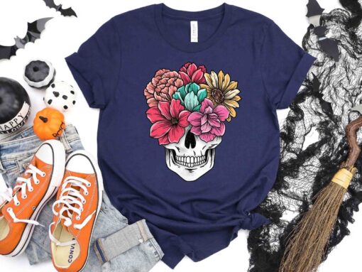 Floral Skull Shirt, Halloween Skull Shirt, Halloween Floral shirt, Fall shirt, Halloween Shirt for Woman Fall Shirt, Halloween Shirt