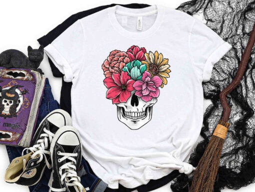 Floral Skull Shirt, Halloween Skull Shirt, Halloween Floral shirt, Fall shirt, Halloween Shirt for Woman Fall Shirt, Halloween Shirt