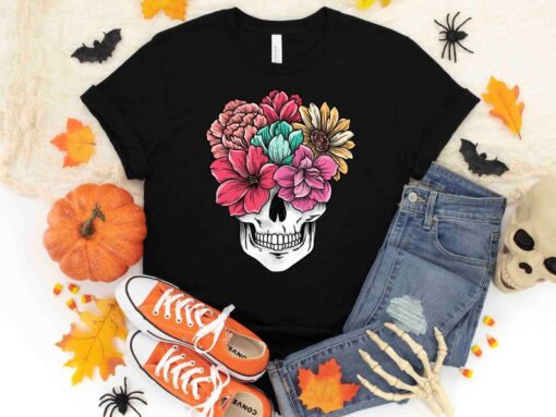 Floral Skull Shirt, Halloween Skull Shirt, Halloween Floral shirt, Fall shirt, Halloween Shirt for Woman Fall Shirt, Halloween Shirt