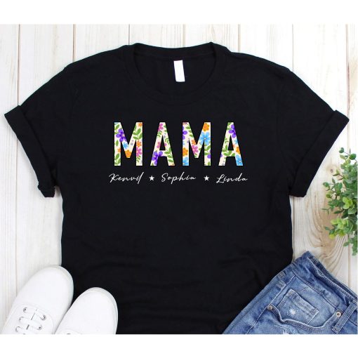 Mama Floral Shirt, Personalized Mom Shirt With Kids Names, Gift For Mom, Mother's Day Shirt, Custom Kid's Names Mom Shirt, Retro Mama Shirt