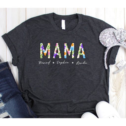 Mama Floral Shirt, Personalized Mom Shirt With Kids Names, Gift For Mom, Mother's Day Shirt, Custom Kid's Names Mom Shirt, Retro Mama Shirt