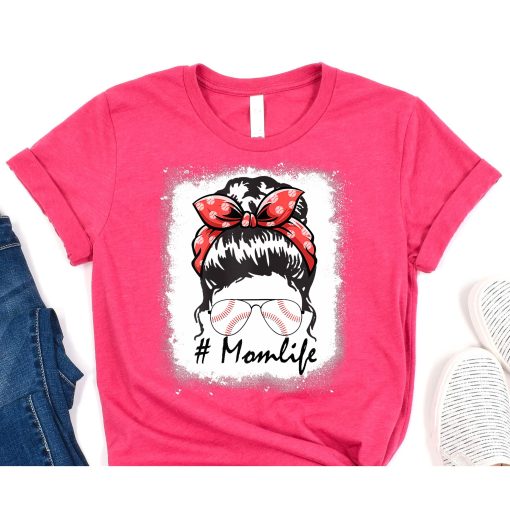 Mom Life Softball Baseball Mothers Day Messy Bun T-Shirt,Messy Bun Custom Shirts, Custom Mom Life Shirt, Softball Life