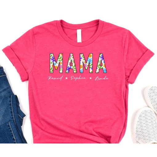 Mama Floral Shirt, Personalized Mom Shirt With Kids Names, Gift For Mom, Mother's Day Shirt, Custom Kid's Names Mom Shirt, Retro Mama Shirt