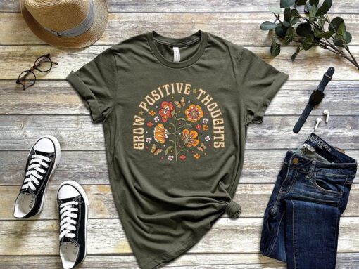 Grow Positive Thoughts Tee, Floral T-shirt, Bohemian Style Shirt, Butterfly Shirt, Trending Right Now