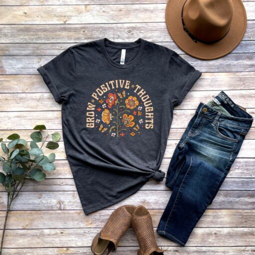 Grow Positive Thoughts Tee, Floral T-shirt, Bohemian Style Shirt, Butterfly Shirt, Trending Right Now