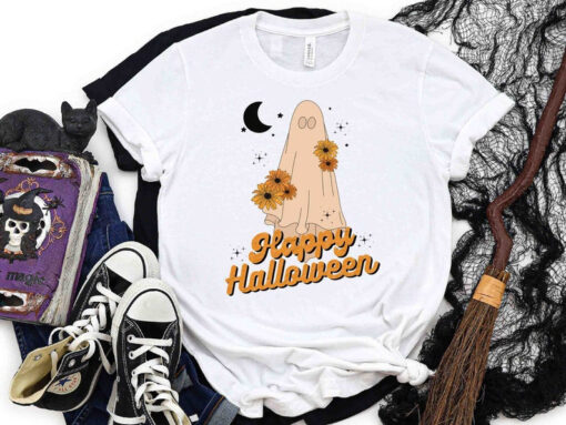 Happy Halloween, Cute Ghost, Spooky Season, Fall Holidays, Retro Shirt, Unisex Heavy Cotton Graphic Tee, Funny Shirt