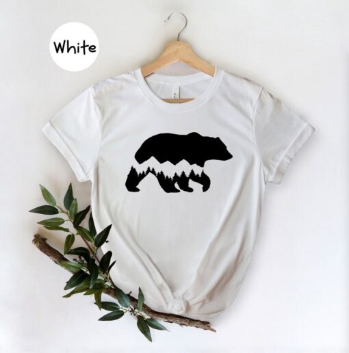 Hiking T-shirt, Forest Scene Bear Silhouette Shirt, Camp Life Shirt, Funny Forest Shirt