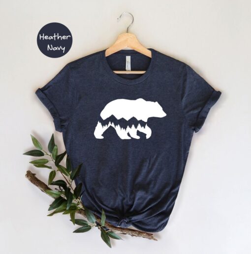 Hiking T-shirt, Forest Scene Bear Silhouette Shirt, Camp Life Shirt, Funny Forest Shirt