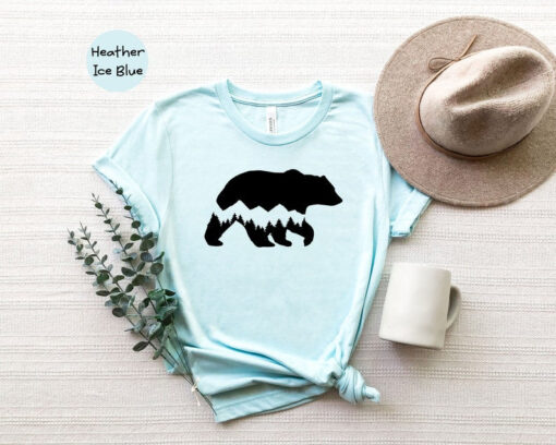 Hiking T-shirt, Forest Scene Bear Silhouette Shirt, Camp Life Shirt, Funny Forest Shirt