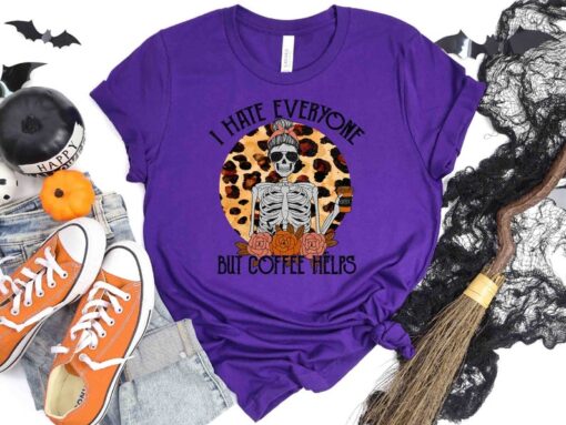 I Hate Everyone But Coffee Helps Shirt, Skull Shirt, Skeleton Shirt, Halloween Shirt, Leopard Print Shirt