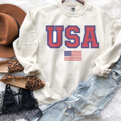 Vintage USA Flag Sweatshirt, Women's 4th of July Sweatshirt