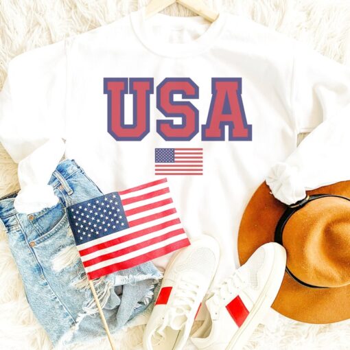 Vintage USA Flag Sweatshirt, Women's 4th of July Sweatshirt