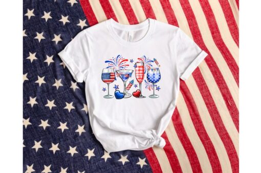 Wine Glasses USA Flag Shirt, Wine Lover Shirt, 4th of July Drinking Party Shirt