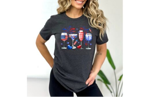 Wine Glasses USA Flag Shirt, Wine Lover Shirt, 4th of July Drinking Party Shirt