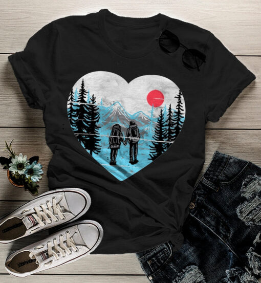 Women's Hipster Hiker T Shirt Hiking Love Graphic Tee Hand Drawn Mountains Tshirt Couple