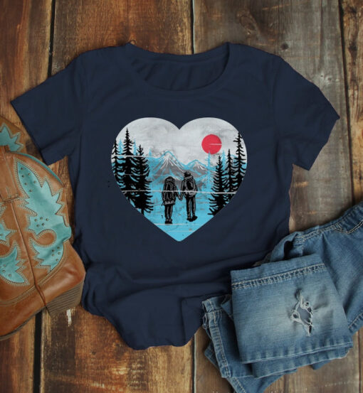 Women's Hipster Hiker T Shirt Hiking Love Graphic Tee Hand Drawn Mountains Tshirt Couple