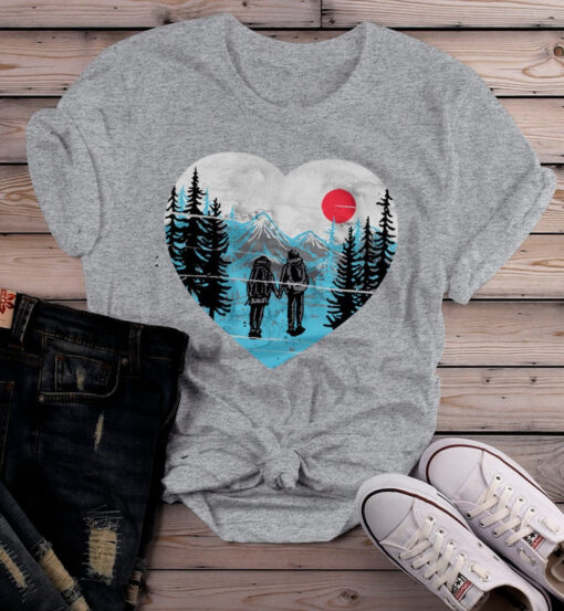 Women's Hipster Hiker T Shirt Hiking Love Graphic Tee Hand Drawn Mountains Tshirt Couple