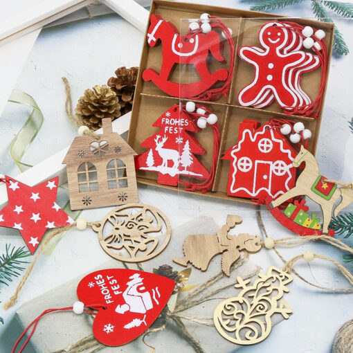 12PCS Wooden Christmas Ornaments Hanging Pendants Christmas Tree Decoration for Home New Year 2023