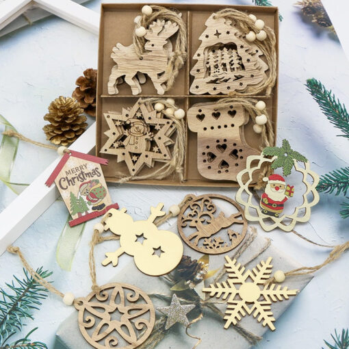 12PCS Wooden Christmas Ornaments Hanging Pendants Christmas Tree Decoration for Home New Year 2023