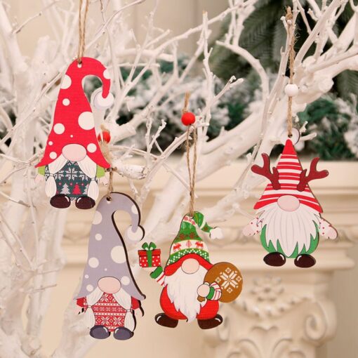 12Pcs Christmas Santa Gnome Reindeer Wooden Pendants Tree Hanging Ornament Xmas