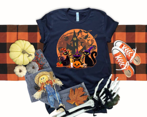 Black Cat Halloween Shirt, Fall Pumpkin Halloween Shirt, Witch Spooky Shirt