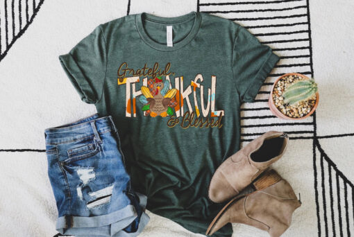 Thankful, Grateful, Blessed with Turkey Shirt, Thanksgiving T-Shirt, Fall Vibes Shirt, Thanksgiving Family Shirts