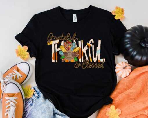 Thankful, Grateful, Blessed with Turkey Shirt, Thanksgiving T-Shirt, Fall Vibes Shirt, Thanksgiving Family Shirts