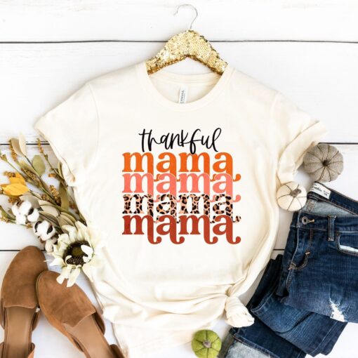 Thankful Mama Shirt, Leopard Stacked Thankful Shirt, Womens Thanksgiving Shirt, Thankful T-shirt, Matching Family Shirts