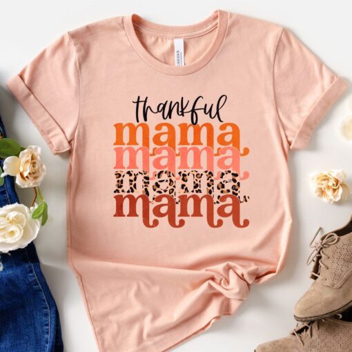 Thankful Mama Shirt, Leopard Stacked Thankful Shirt, Womens Thanksgiving Shirt, Thankful T-shirt, Matching Family Shirts