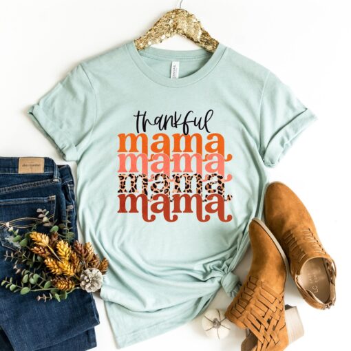 Thankful Mama Shirt, Leopard Stacked Thankful Shirt, Womens Thanksgiving Shirt, Thankful T-shirt, Matching Family Shirts