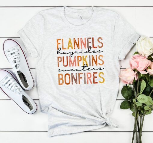 Flannels Hayrides Pumpkins Sweaters Bonfires Shirt, Fall Shirt, Shirt For Autumn, Thanksgiving Shirt