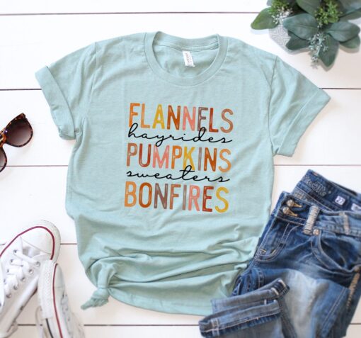 Flannels Hayrides Pumpkins Sweaters Bonfires Shirt, Fall Shirt, Shirt For Autumn, Thanksgiving Shirt