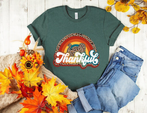 Leopard Turkey Shirt, Thanksgiving Shirt, Thankful Shirt, Rainbow Thankful Turkey Shirt, Family Matching Shirt