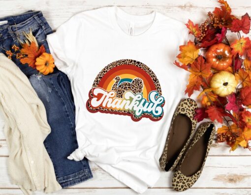 Leopard Turkey Shirt, Thanksgiving Shirt, Thankful Shirt, Rainbow Thankful Turkey Shirt, Family Matching Shirt