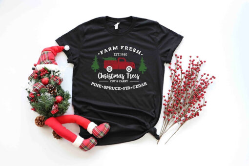 Farm Fresh Christmas Trees Truck Shirt, Christmas T-shirt, Christmas Family, Red Truck Shirt, Christmas Gift