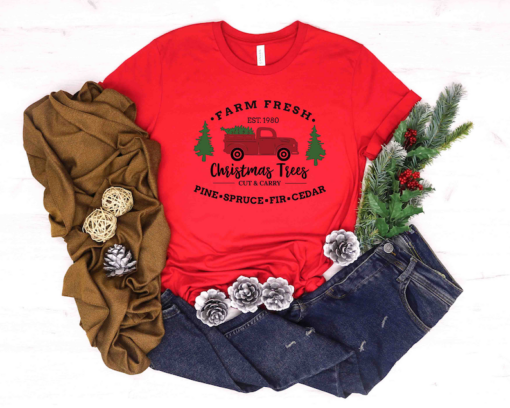 Farm Fresh Christmas Trees Truck Shirt, Christmas T-shirt, Christmas Family, Red Truck Shirt, Christmas Gift