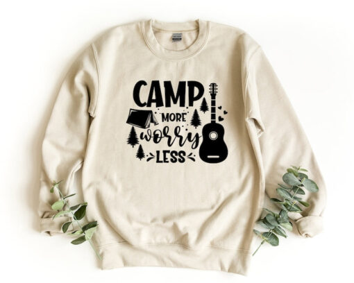 Camp More Worry Less Sweatshirt, Camp Crewneck Sweatshirt, Guitar Sweater, Camping Lover Pullover, Camp Gift, Happy Camper