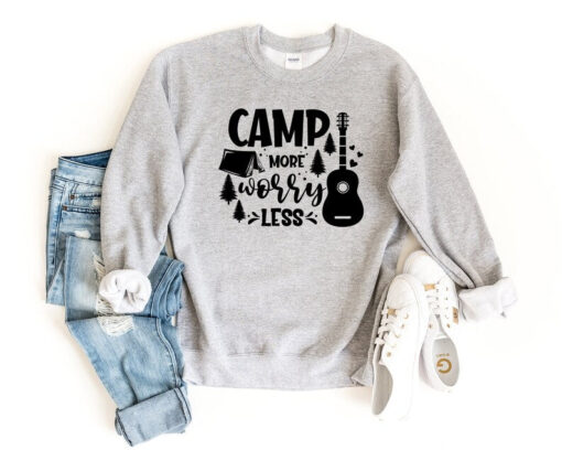 Camp More Worry Less Sweatshirt, Camp Crewneck Sweatshirt, Guitar Sweater, Camping Lover Pullover, Camp Gift, Happy Camper