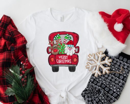 Merry Christmas Trees Truck Shirt, Christmas T-shirt, Christmas Family, Red Truck Shirt, Christmas Gift