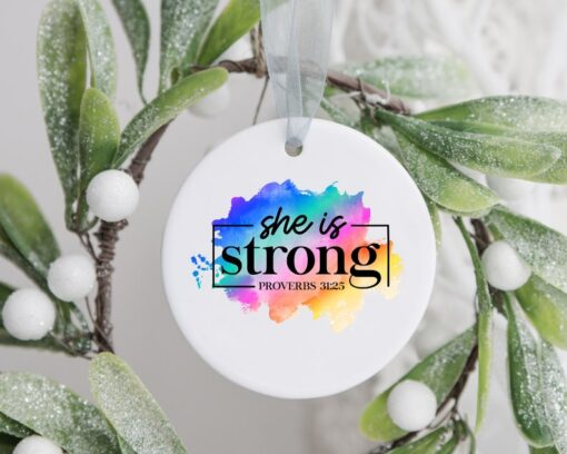 She Is Strong Proverbs 31:25 Ornament, Custom Christmas Ornament, Christian Family Tree Keepsake, Ceramic Ornament