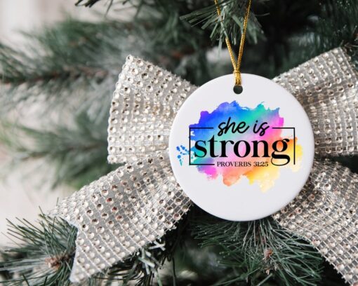 She Is Strong Proverbs 31:25 Ornament, Custom Christmas Ornament, Christian Family Tree Keepsake, Ceramic Ornament