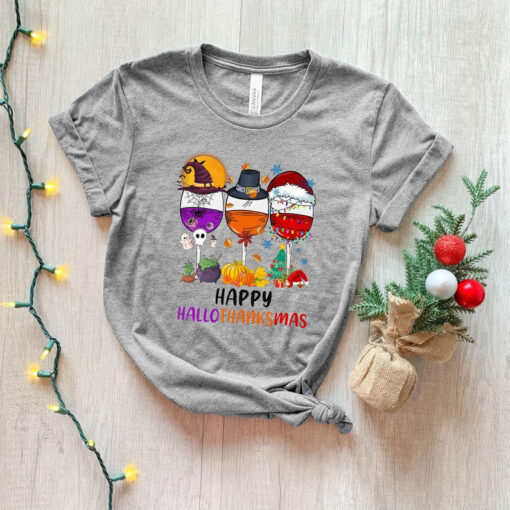 Happy HalloThanksMas Wine Shirt - Cute Drinking T-shirt - Funny Festival Tee - Women Christmas Shirt