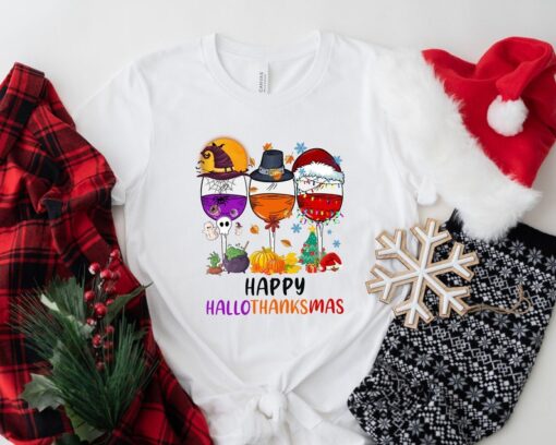 Happy HalloThanksMas Wine Shirt - Cute Drinking T-shirt - Funny Festival Tee - Women Christmas Shirt